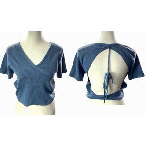 ASTER Women Open Back Crop Short Sleeve Ribbed V Neck Top Sz L Blue Beach 1-15